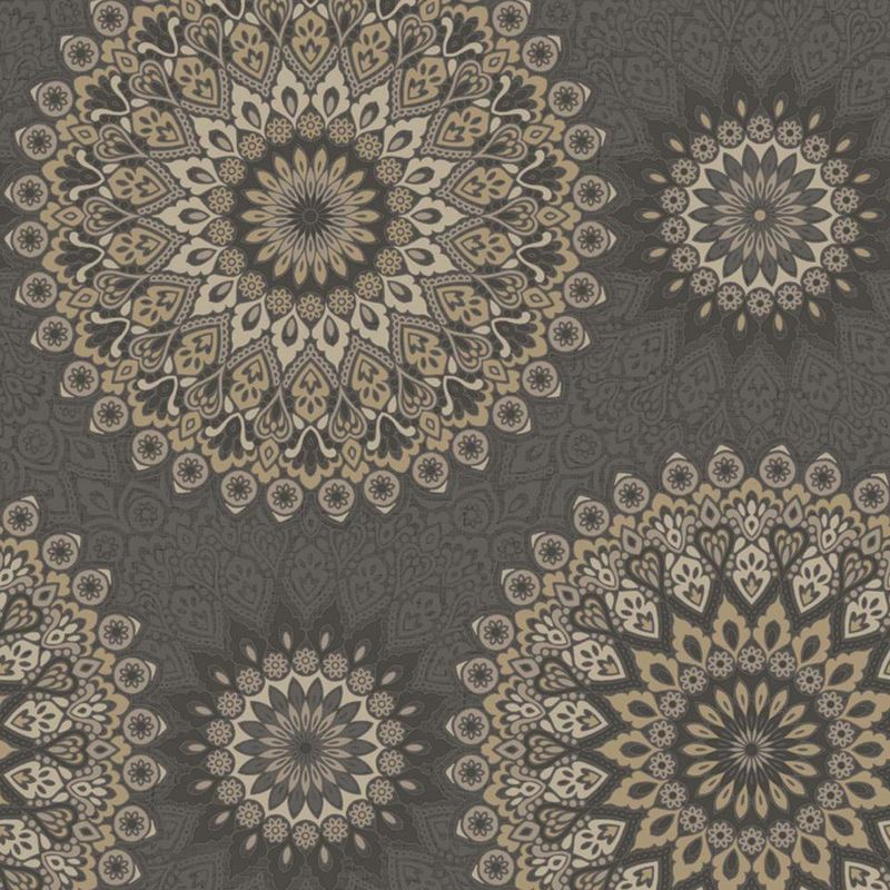 Glitter Medallion Abstract Aztec Motif Wallpaper Black Gold Grey Holden Decor