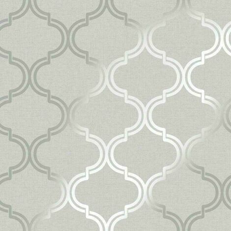 Holden Decor Grey Geometric Pattern Silver Metallic Sparkle Trellis Wallpaper