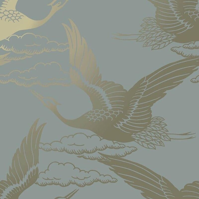 Holden Decor - Metallic Cranes Blue Wallpaper Majestic Oriental Feature Wall