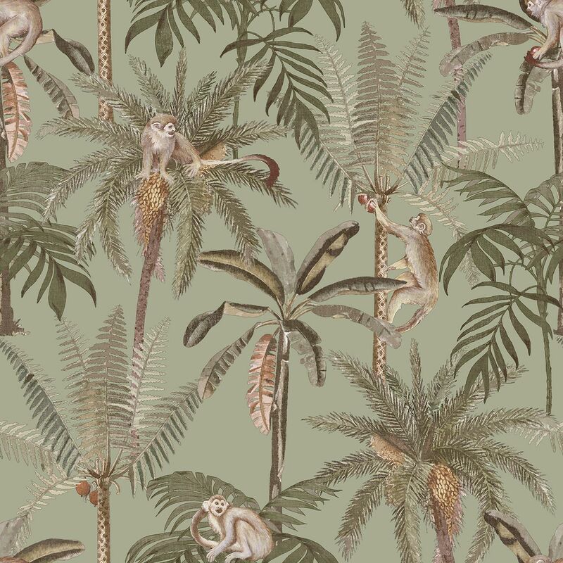 Holden Decor - Monkey Oasis Sage Green Wallpaper Tropical Leaves Feature Wall