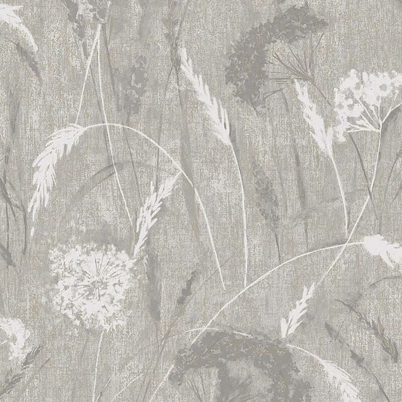 Holden Decor - Pappus Light Grey Flower Metallic Gold Textured Vinyl Wallpaper