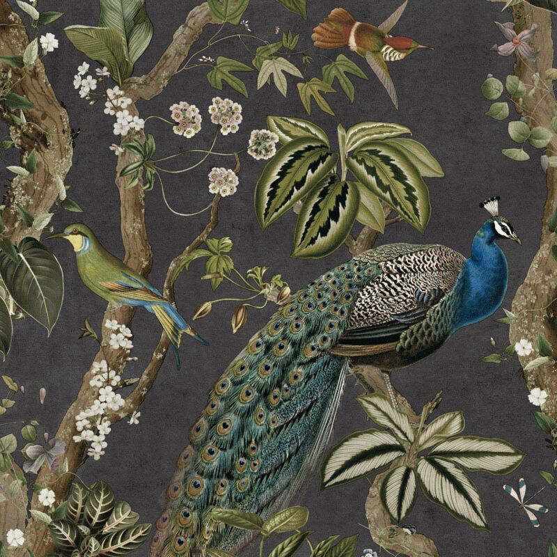 Holden Decor - Peacock Woods Charcoal Wallpaper Floral Naturistic Feature Wall