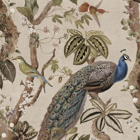 Holden Decor Peacock Woods Taupe Wallpaper Floral Naturistic Feature Wall