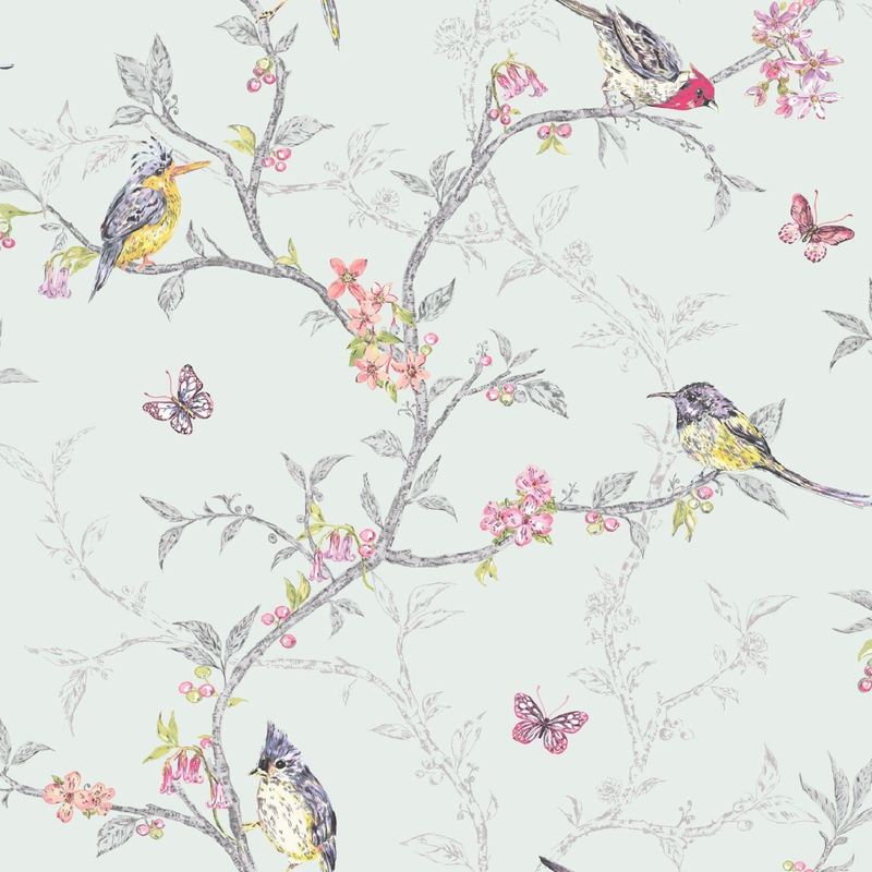 Holden - Decor Soft Teal Colourful Birds Trees Floral Butterfly Wallpaper