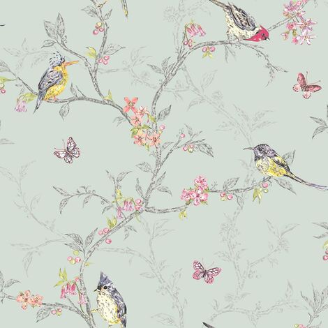 Holden Decor Phoebe Birds Butterfly Branches Leaves Wallpaper - Soft Teal 98083