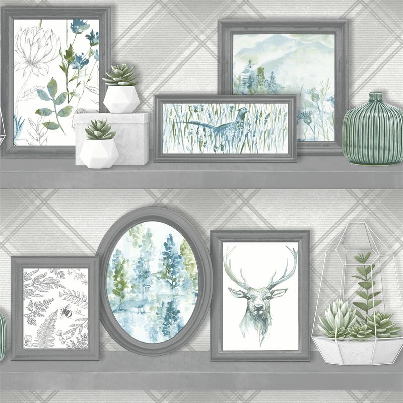 Stag Frames Wallpaper Animal Print Pheasant Floral Flowers Grey Teal Holden