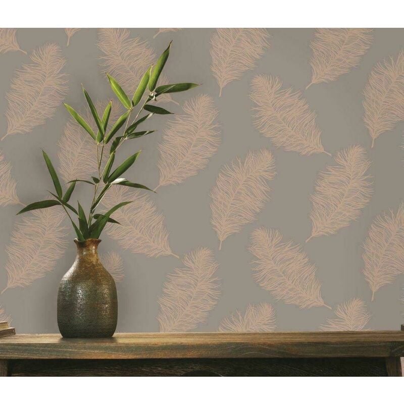 Holden Decor - Grey Rose Gold Metallic Shimmer Feather Wallpaper 12629