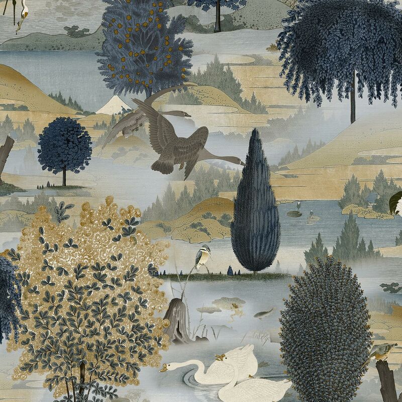 Holden Decor - Swan Lake Navy Ochre Wallpaper Floral Wildlife Scenic Modern