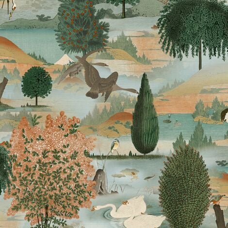 Holden Decor Swan Lake Orange Green Wallpaper Floral Wildlife Scenic Modern
