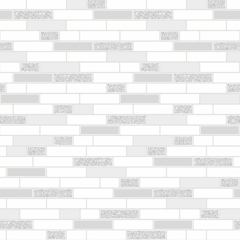 White Grey Oblong Tile Kitchen Bathroom Vinyl Silver Glitter Wallpaper - Holden