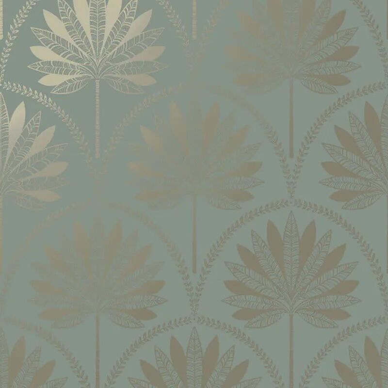 Holden Decor - Metallic Palm Tree Dusky Blue Wallpaper Tropical Feature Wall