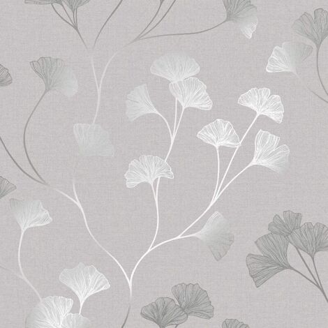 HOLDEN DECOR Holden Glistening Ginkgo Metallic Silver Floral Trail Grey Wallpaper 12700