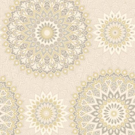 Holden Glitter Medallion Ochre Cream Wallpaper Abstract Aztec Motif Textured