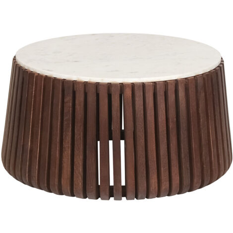 HOLDEN - Table Basse en Marbre Blanc et Socle en Manguier Teinté Noyer