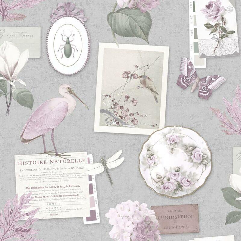 Holden - Curiosity Collage Grey Heather Wallpaper Floral Pink Birds Flowers