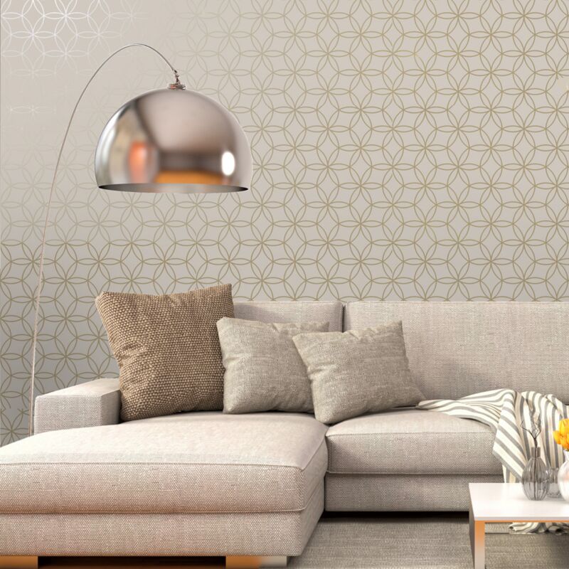 Holden Decor - Geometric Beige Metallic Gold Circular Holden Diso Feature Wallpaper