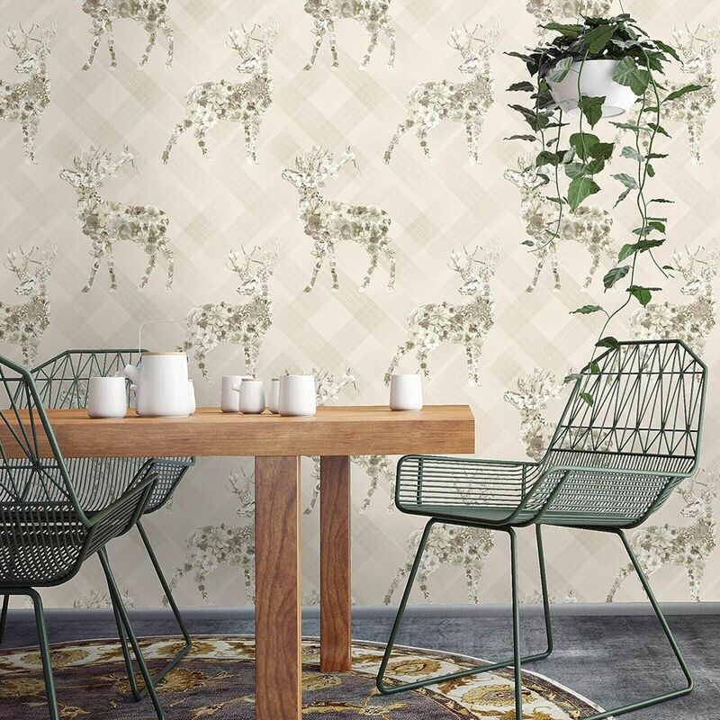 Holden - Beige Floral Stag Wallpaper Calla Geometric Pattern Non-Woven Paste The Wall