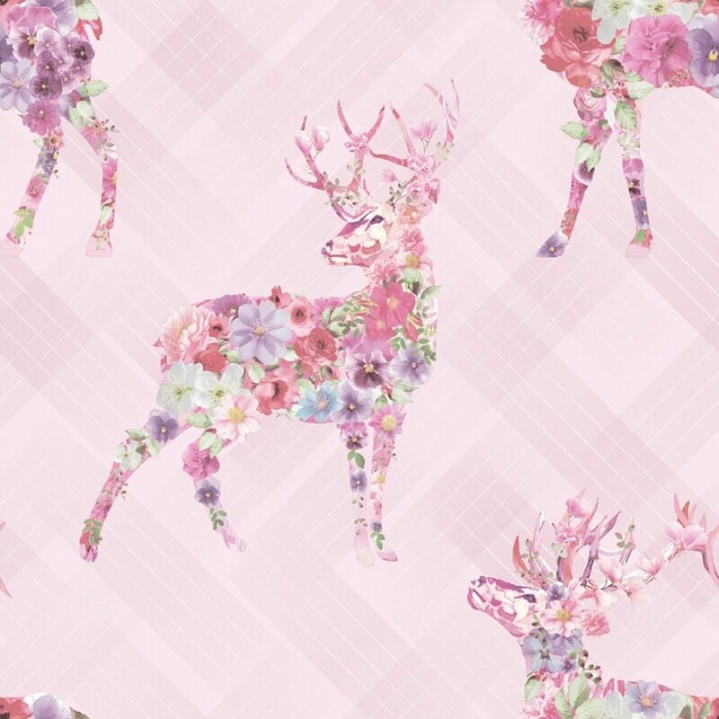 Holden - Pink Blush Floral Stag Wallpaper Geometric Check Paste The Wall Feature Animal