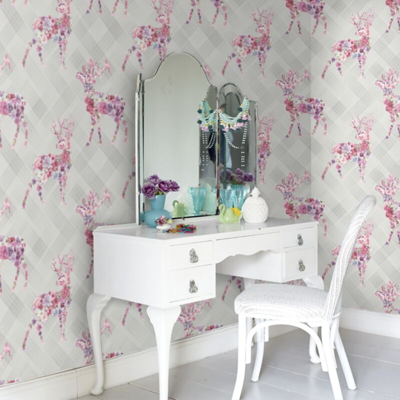 Holden - Dove Floral Stag Wallpaper Pink Multicolour Geometric Pattern Paste The Wall