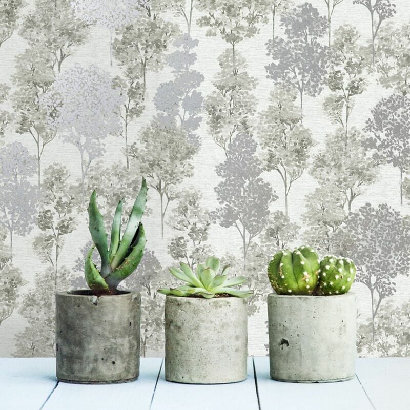 Grey Whinfell Tree Wallpaper Hand Painted Effect Silver Metallic Shimmer Holden