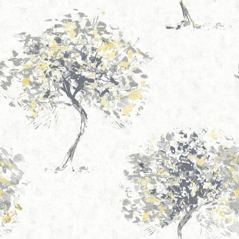 Grey Yellow Tree Wallpaper Hand Painted Effect Metallic Shimmer Beacon Fell