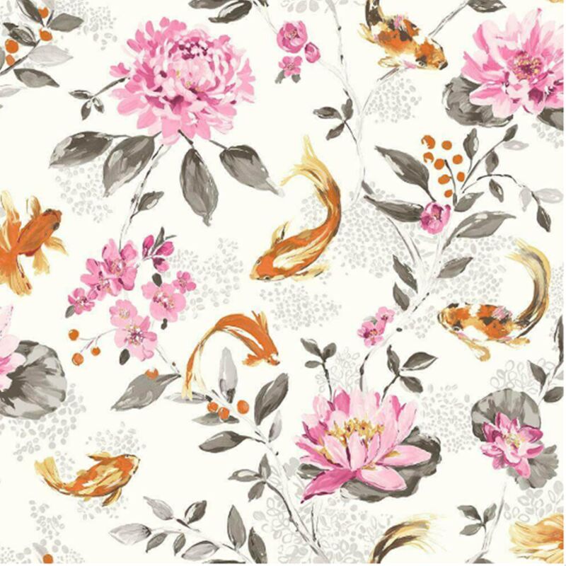 White Pink Floral Wallpaper Koi Carp Fish Water Lilies Metallic Paste The Wall