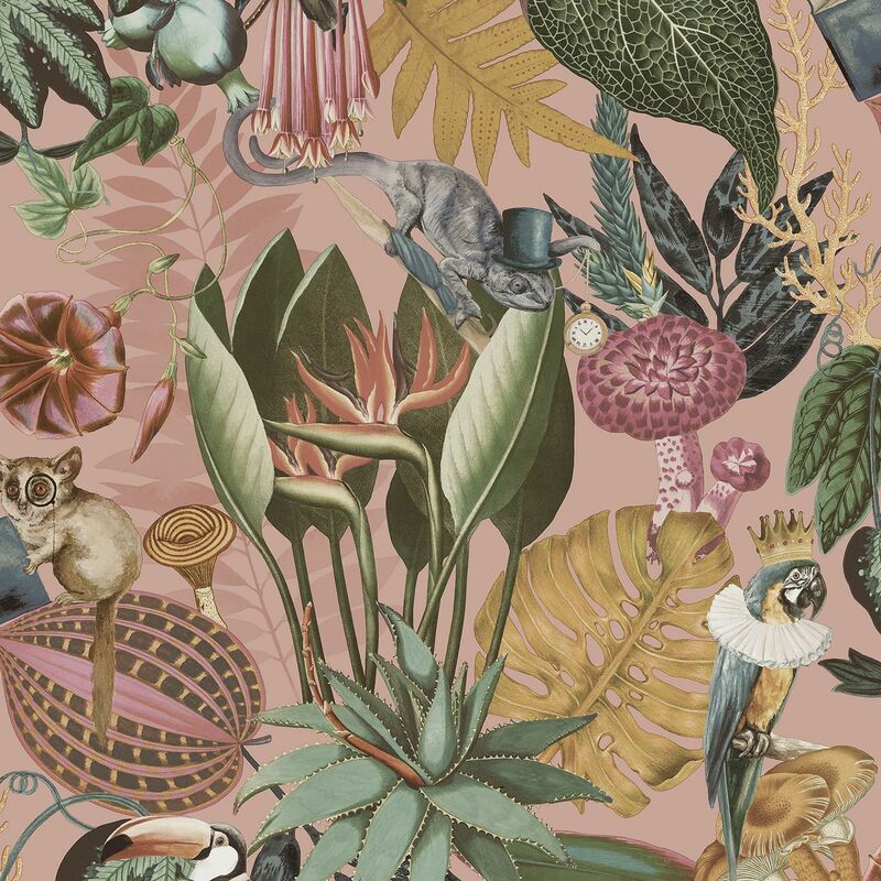 Wonderland Jungle Floral Birds Exotic Blush Multicoloured Wallpaper - Holden