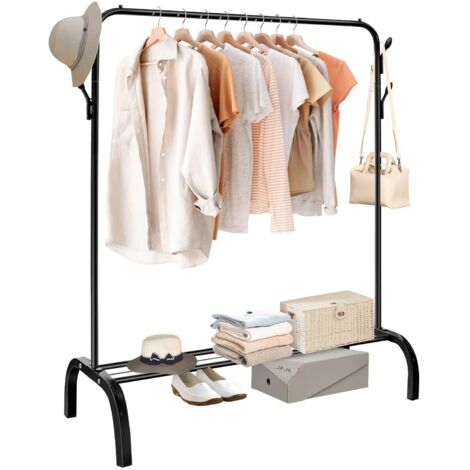 Holdfiturn Clothes Rail, Single Pole Clothing Rail for Bedroom, Multifunctional Metal Hanging Rails, Heavy Duty Clothes Rack, Coat Rack, Garment Drying Rack with Shoe Storage Shelf for Hallway