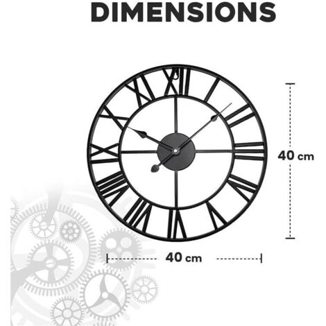 Holdfiturn Skeleton Wall Clock - 40CM Metal Vintage Large Black Round Silent Roman Numerals Hanging Battery Operated for Living Room Bedroom Kitchen Decor Cafe Hotel Office