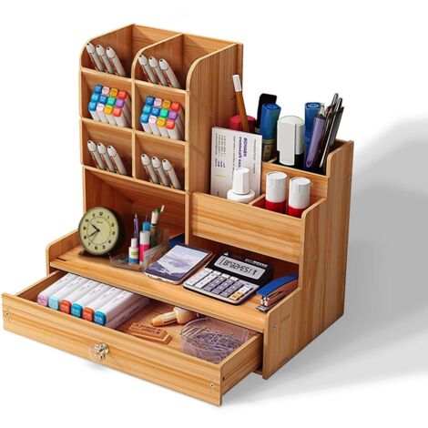 Holdfiturn Wooden Desktop Organizer Large Capacity Office Storage Box Multi Functional Stationery Storage with Drawer for Home Office and School (Cherry Wood)