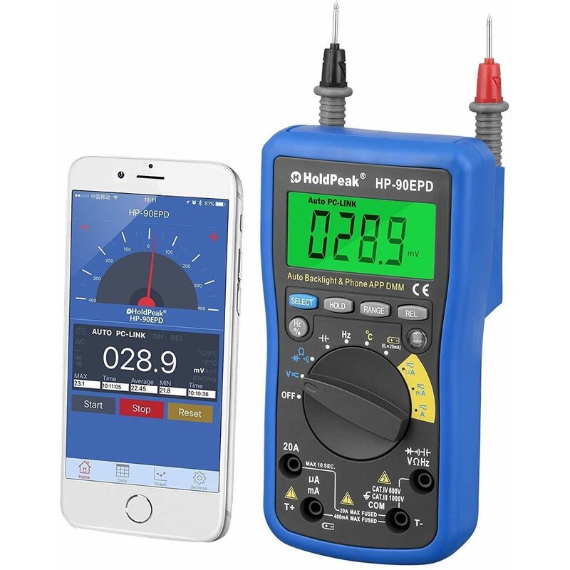 

HP-90EPD Auto Range Multímetro Digital de APP Móbile Voltaje AC DC - Holdpeak