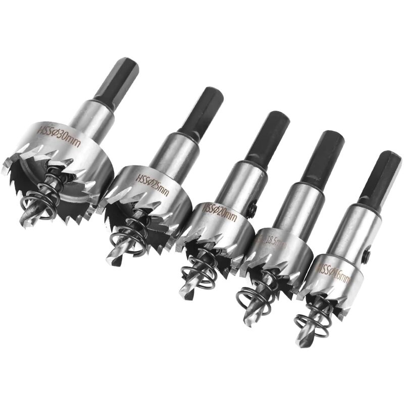 Hole saw set, 5 pieces, hss cobalt hole saw Ø16/18.5/20/25/30 mm, high-speed steel hole saw alloy, steel, stainless steel, suitable for wood,