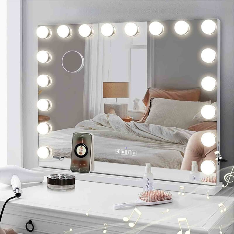 Hollywood Coiffeuse Miroir Maquillage avec 15 Ampoules LED,Bluetooth, Miroir Coiffeuse Lumineux avec Port usb, 3 Modes Déclairage Miroir 58x48 cm,