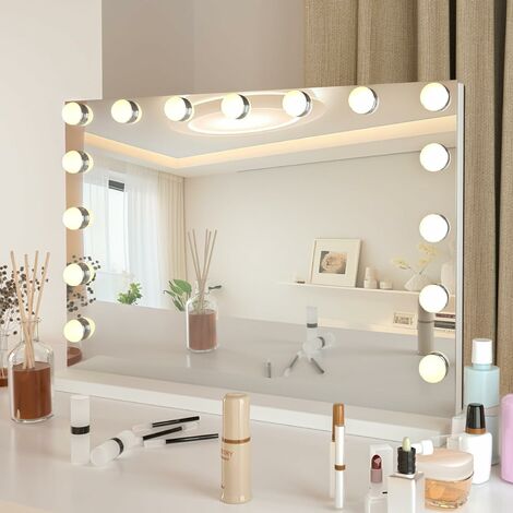 PULUOMIS Hollywood Makeup Mirror, Light Vanity Mirror, Bathroom Mirror, with LED Dimmable Bulbs, USB Charging Port, Touch Screen(15 Bulbs, 4845cm, White)