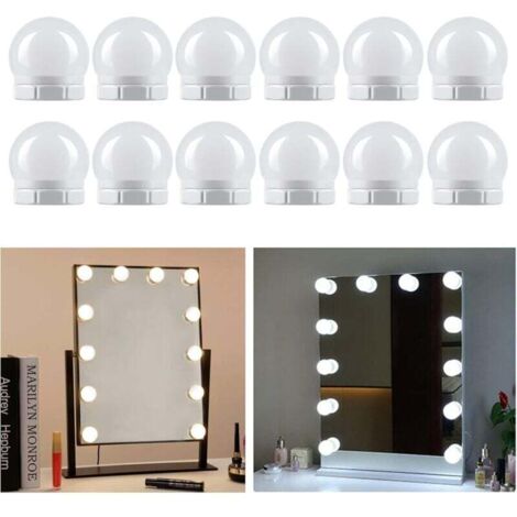 Hollywood-Schminktischleuchte mit 12 LEDs, USB-Anschluss, Schalter und Kabel (verstellbar), 3 Farben und 10 Helligkeitsstufen, selbstklebende LED-Schminktischleuchte