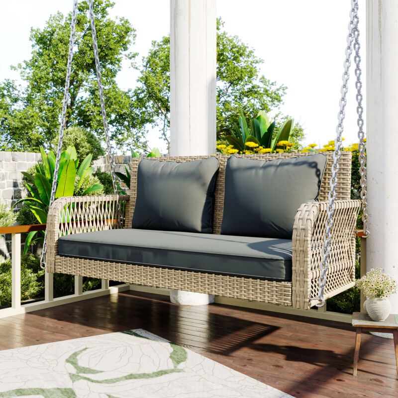 Hollywood Swing Garden Swing Ensemble de salon de jardin en rotin beige et gris avec coussin d'assise 2 places avec coussin d'assise et coussin de