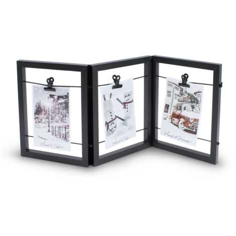 Holz Bilderrahmen mit Gummileine für 3 Fotos - 54 x 23 cm - Fotohalter aufklappbar mit 3 Clips - Foto Collage Bildergalerie Rahmen faltbar für Bilder Postkarten