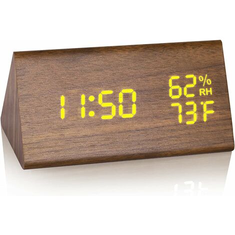 Holz Digitaler Wecker, LED Zeitanzeige Holz Digitale Tischuhr mit 6 Helligkeitsstufen, Temperatur Feuchtigkeitserkennung Dreieck Elektrische Nachttischuhr für Schlafzimmer, Neben, Kinderzimmer-Braun