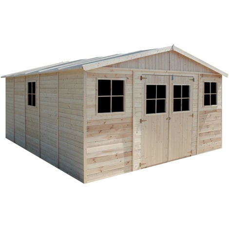 Holz Gartenschuppen - Abstellkammer mit Fenstern - H246 x 418 x 522 cm/ 20 m² Naturholz-Shiplap-Schuppen - Gartenwerkstatt - Fahrrad- Geräteschuppen TIMBELA M333