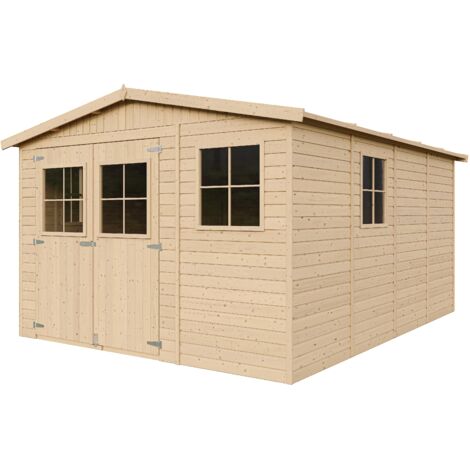 Holz Gartenschuppen MIT IMPRÄGNIERTEM BODEN - Abstellkammer mit Fenstern - H226x418x320 cm/12 m² Naturholz-Shiplap-Schuppen - Gartenwerkstatt - Fahrrad- Geräteschuppen TIMBELA M336+336G