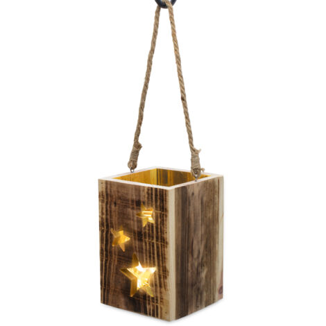 Holz Laterne mit Lichterkette im Glas 20 LED warm weiß - 16 x 11 cm - Hängelaterne mit Kerzenglas und Jutekordel