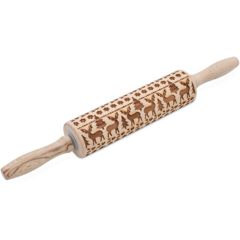 Holz Teigroller mit geprägtem Weihnachtsmotiv - 39 x 5 cm - Keksteig Roller mit Rentier Prägemuster - Präge Nudelholz mit Muster für Plätzchen und Kekse Backzubehör für Weihnachten Advent Winter