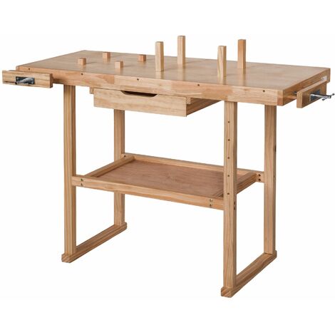Holz Werkbank mit 2 Schraubstöcken 117 x 47,5 x 83 cm - Hobelbank, Werktisch, Werkstatttisch - braun