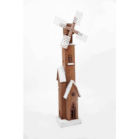 Holz Windmühle mit drehendem Windrad - 80 cm - Weihnachts Deko mit LED Beleuchtung - Weihnachts Winter Deko Holz Aufsteller