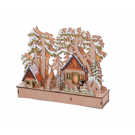 Holz Winterlandschaft beleuchtet 30x23 cm - 10 LED - Weihnachts Dorf Tisch Deko Szene Fensterdekoration