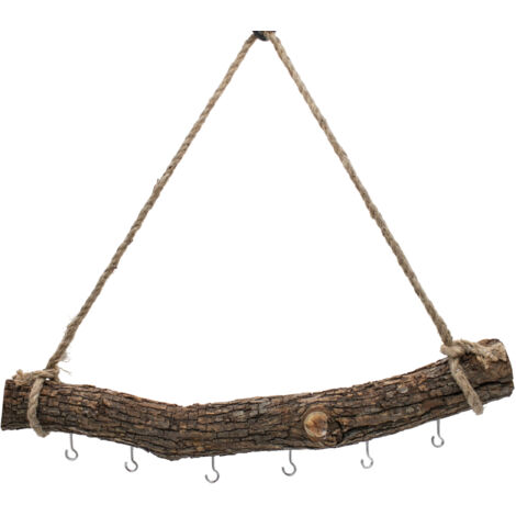 Holzast massiv zum Hängen mit 6 Haken zum Dekorieren - 56 cm - Massivholz Stange Wanddeko Hänger mit Naturkordel
