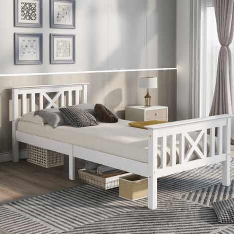 Holzbett Einzelbett 90 x 200 cm Massivkiefernrahmen Flachbett für Kinder und Jugendliche - Weiß