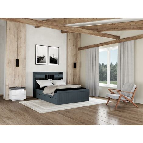 Holzbett mit Stauraum & Schubladen - 140 x 190 cm - Kiefer - Grau - MEDERICK - Anthrazitgrau