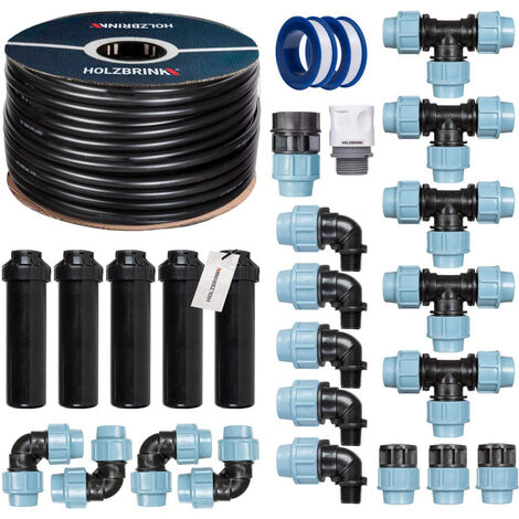 HOLZBRINK Kit de démarrage pour l’irrigation du gazon, système d’arrosage enterré de la pelouse : 50 m Tuyau LDPE 25 mm, 5x Arroseur automatique pop-up, HTB-11-5-50