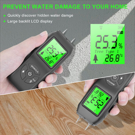 Holzfeuchtemessgerät Tester, digitaler Feuchtigkeitsdetektor, Wasserleckdetektor, Holz- und Baumaterial-Feuchtigkeitsprüfgerät, hintergrundbeleuchtetes LCD-Display (Grau)